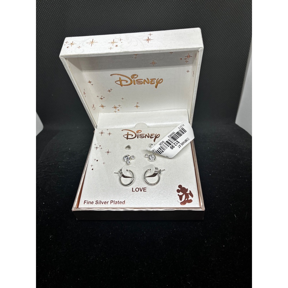 Disney Fine Silver Plated Earring Set Mickey Mouse Crystal Studs Hoops 3 Pair